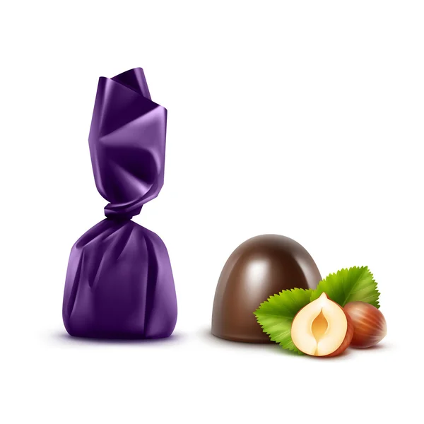Tmavé čokoládové bonbony s vlašskými ořechy v alobalu — Stockový vektor