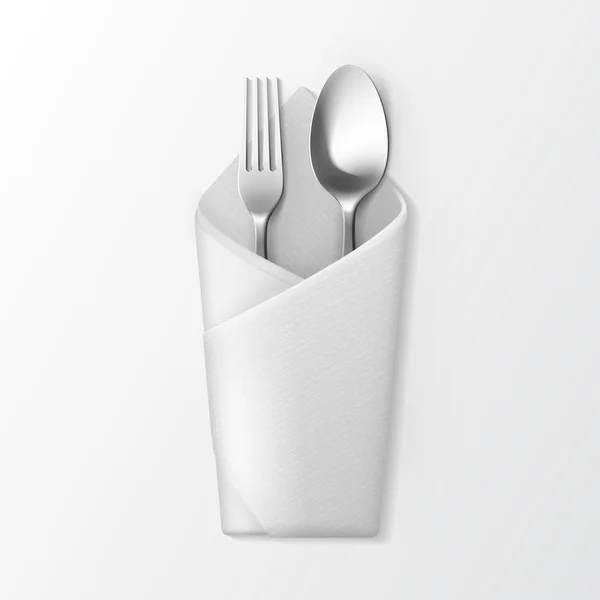 Gevouwen envelop servet met zilveren vork en lepel — Stockvector