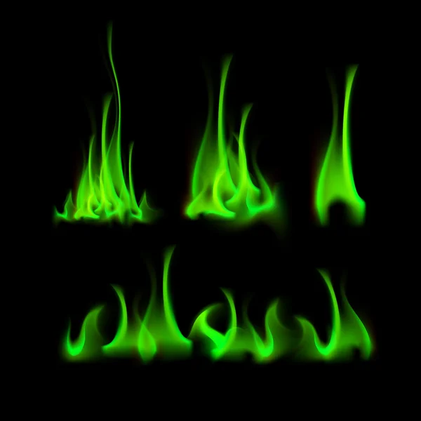 Set de diferentes hogueras de llama de fuego verde — Vector de stock