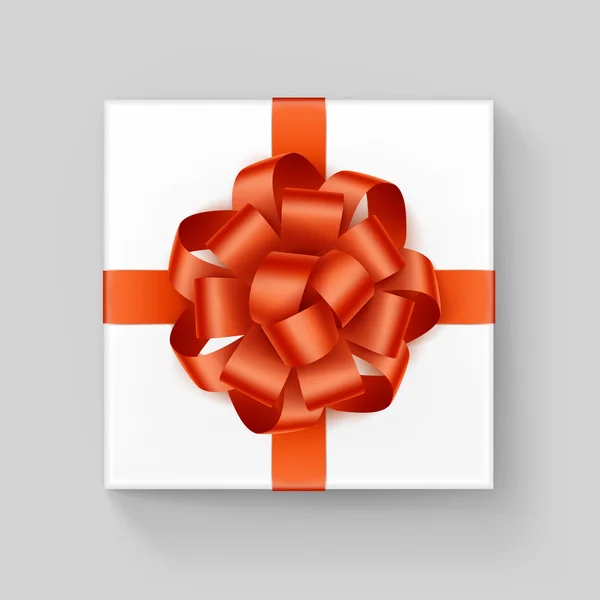 Weiße quadratische Geschenkschachtel mit orangefarbener Schleife — Stockvektor