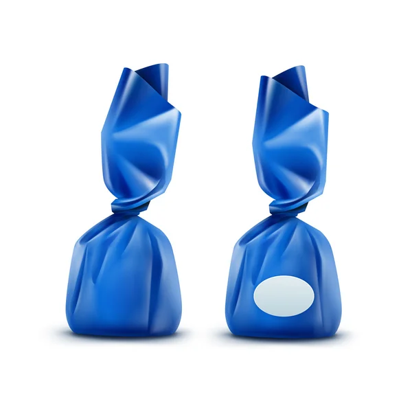 Vector realista chocolate caramelo en azul brillante envoltura sobre fondo — Vector de stock