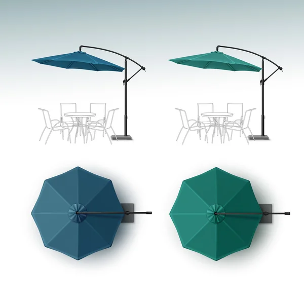 Vector Set of Blue Green Blank Patio Outdoor Beach Cafe Bar Pub Lounge Restaurant Round Umbrella Parasol for Branding Top Side View Mock up Close up Isolated on White Background — Stock Vector