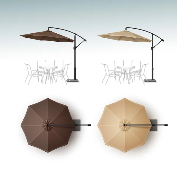 Ensemble vectoriel de Parasol de parapluie rond de bar de café de plage extérieur de patio blanc beige marron pour le parapluie de marque Vue de côté supérieure Maquette Gros plan isolé sur fond blanc — Image vectorielle