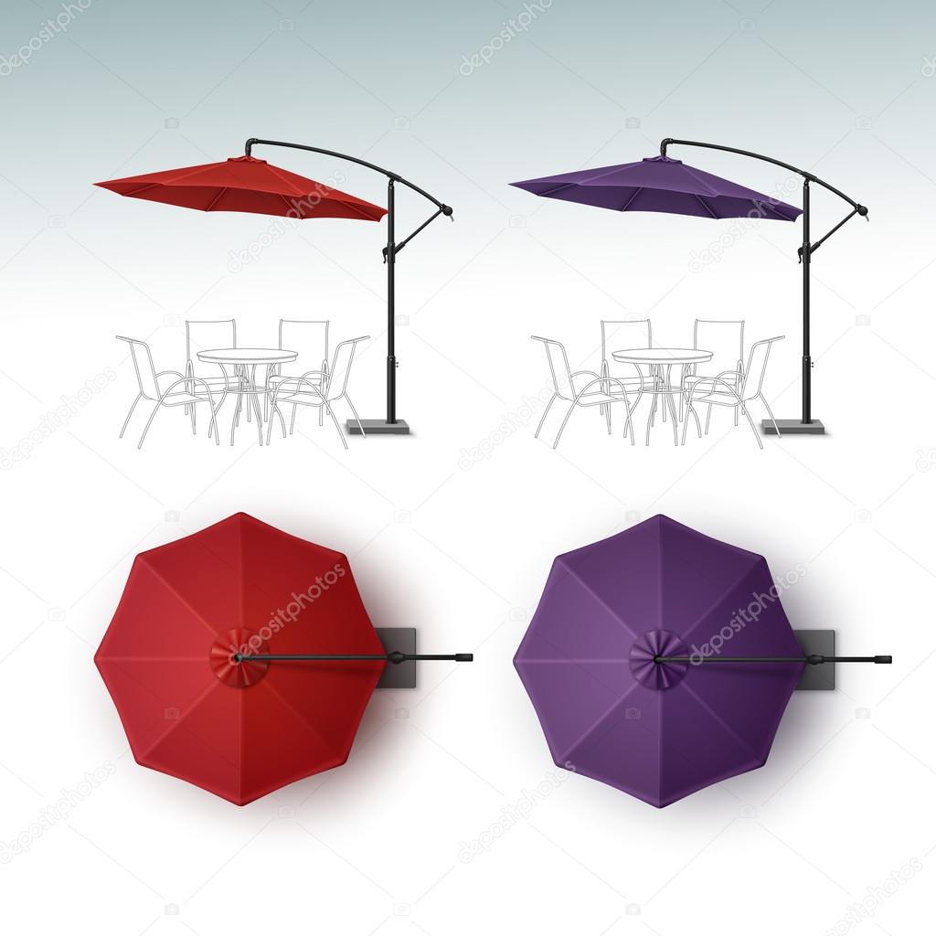 Vector Set of Red Violet Purple Blank Patio Outdoor Beach Cafe Bar Pub Lounge Restaurant Round Umbrella Parasol for Branding Top Side View Mock up Close up Isolated on White Background