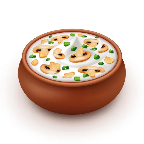 Ceramic Pot of Sour Cream Sauce with Onion and Champignons - Stok Vektor