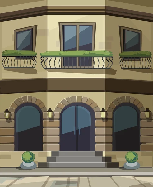 大きな窓、場所名、緑、通りの提灯と敷石のベクトル古いヨーロッパ ショップ ブティック博物館レストラン カフェ店フロント — ストックベクタ