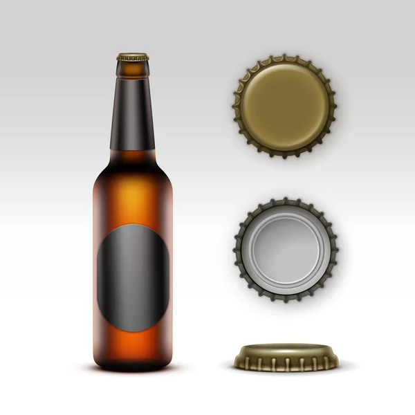 Bottiglia di birra marrone con etichetta nera e set di tappi — Vettoriale Stock