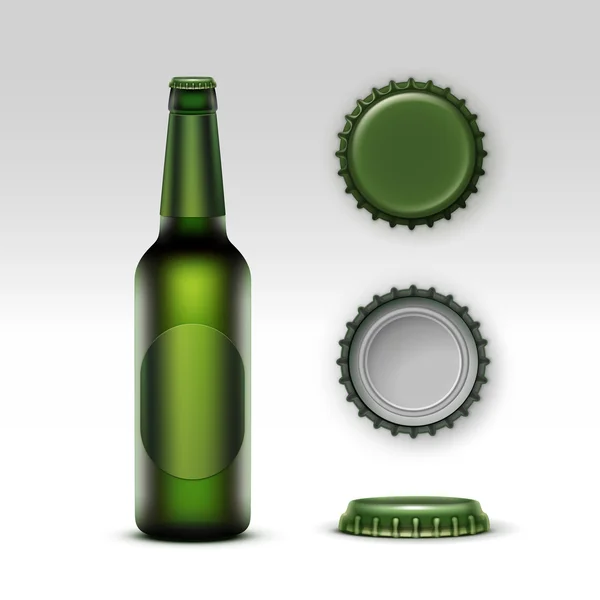 Bouteille de bière Creen avec étiquette verte et ensemble de casquettes — Image vectorielle