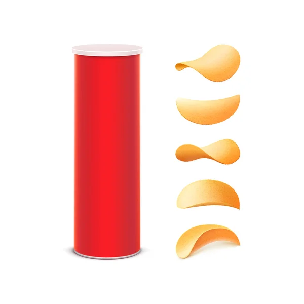 Vektor Set röd plåtask Container slang för paketet Design med potatis krispiga Chips av olika former — Stock vektor
