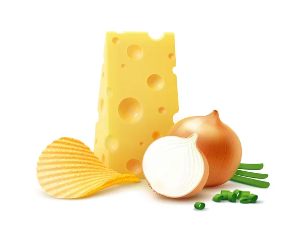 Vektor Kartoffelripple knusprige Chips mit Käse und Zwiebeln in Großaufnahme isoliert auf weißem Hintergrund — Stockvektor