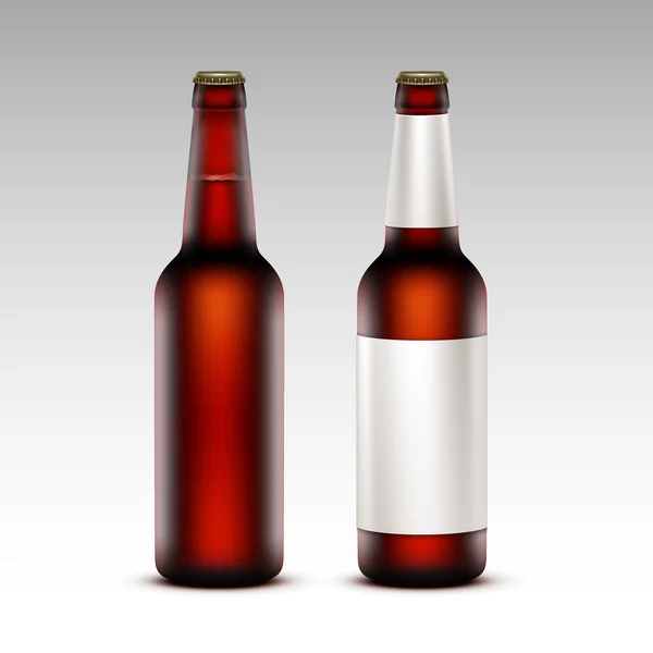 Set de Botellas Marrón Transparentes de Vidrio en Blanco Cerrado de Cerveza Roja Oscura sin Etiquetas Blancas en Fondo — Vector de stock