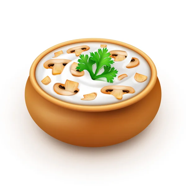 Ceramic Pot of Sauce Mayonnaise with Parsley and Sliced Champignons - Stok Vektor