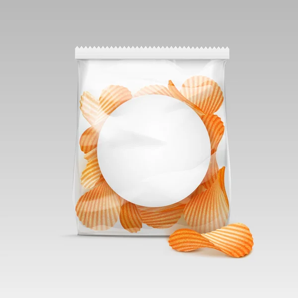 Saco plástico transparente selado com batatas fritas em fundo branco —  Vetores de Stock