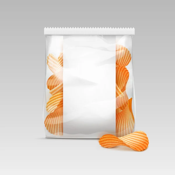 Förseglad genomskinlig plastpåse med potatis chips på vit bakgrund — Stock vektor