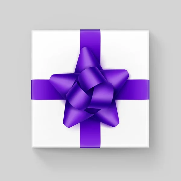 White Gift Box with Purple Violet Ribbon Bow on Background — Stockový vektor