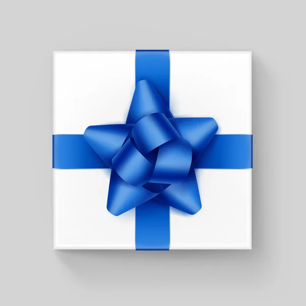 Weiße quadratische Geschenkbox mit blauer Schleife auf Hintergrund — Stockvektor