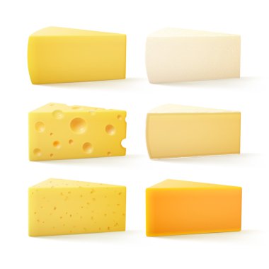 Üçgen peynir İsviçre Cheddar Bri Parmesan peyniri beyaz arka plan üzerinde izole çeşitli tür parçaları kümesi