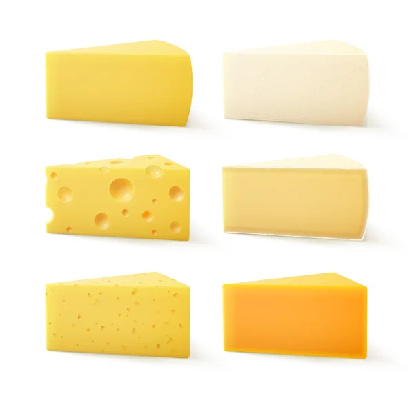 Conjunto de piezas triangulares de varios tipos de queso suizo Cheddar Bri Camembert parmesano aislado sobre fondo blanco — Vector de stock