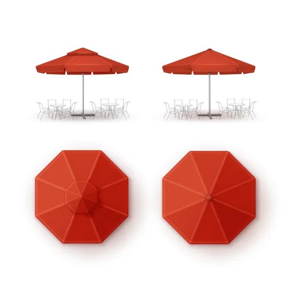 Set of Red Patio Outdoor Beach Cafe Restaurant Round Umbrella for Branding Top Side View Mock up Isolated on Background — Stock Vector