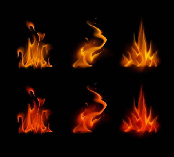 Juego de hoguera de fuego rojo naranja amarilla en el fondo — Vector de stock