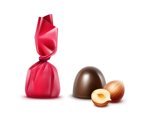 Векторный набор темно-черных горьких конфет с орехами в темно-розовой фольге — стоковый вектор