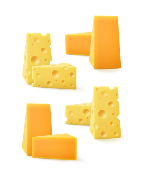 Aantal driehoekige stukjes Cheddar Zwitserse kaas op witte achtergrond — Stockvector