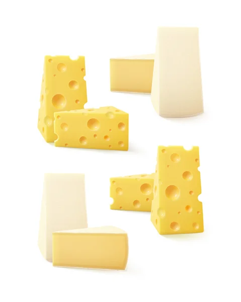 Conjunto de peças de queijo suíço Bri Camembert isolado no fundo — Vetor de Stock