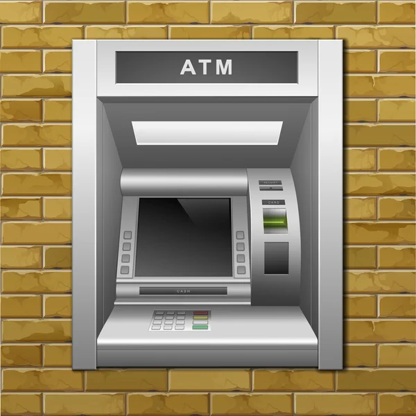 Caixa Multibanco Máquina de dinheiro em um fundo de parede de tijolo —  Vetores de Stock