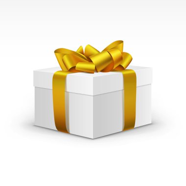 Beyaz hediye kutusu ile izole sarı altın şerit