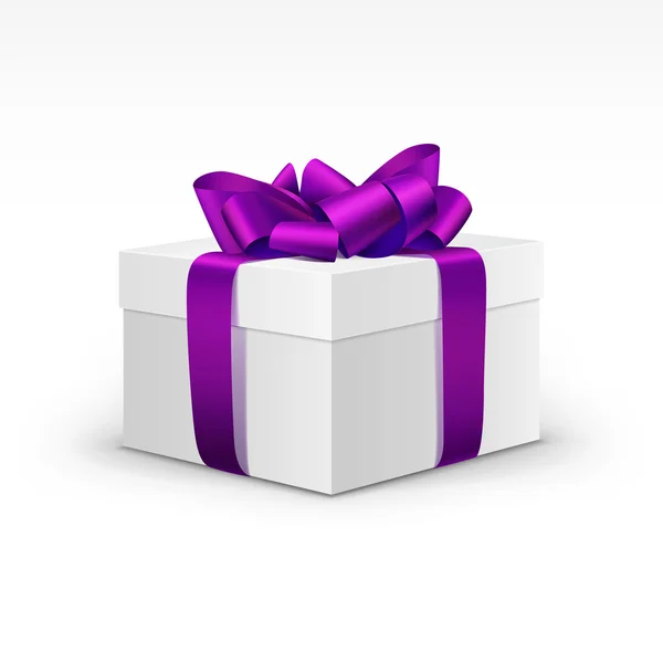 Caja de regalo blanca con cinta violeta púrpura aislada — Vector de stock