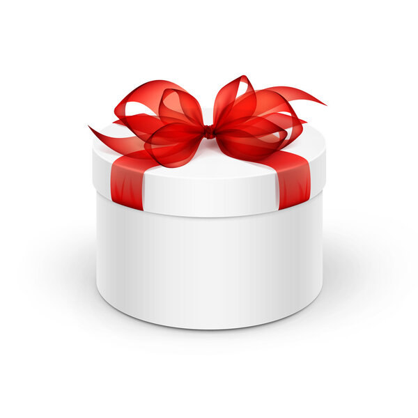 White Round Gift Box with Red Ribbon and Bow Isolated on Background