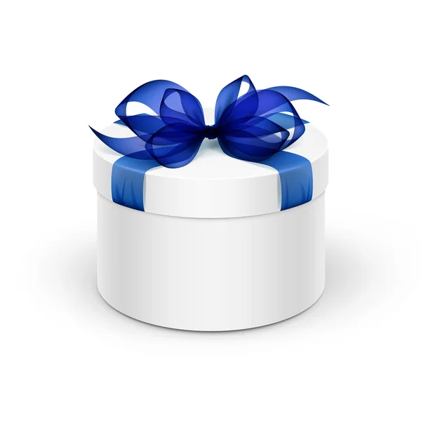 Witte ronde doos van de Gift met blauw lint en boog geïsoleerd op achtergrond — Stockvector