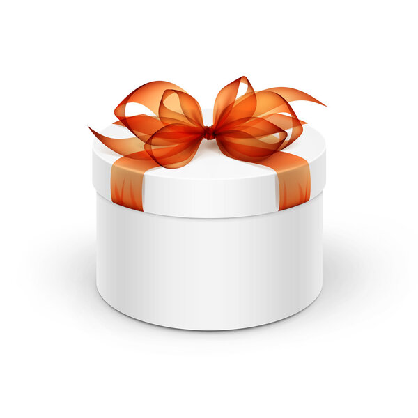 White Round Gift Box with Orange Ribbon and Bow Isolated on Background