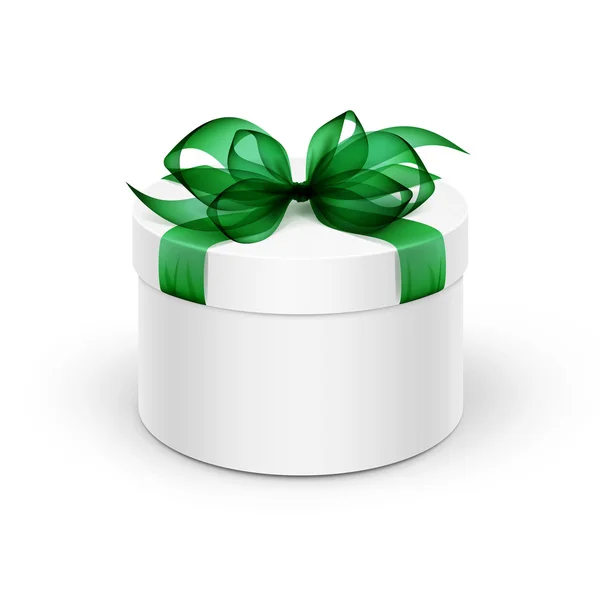 Witte ronde Gift Box met groene lint en boog geïsoleerd op achtergrond — Stockvector