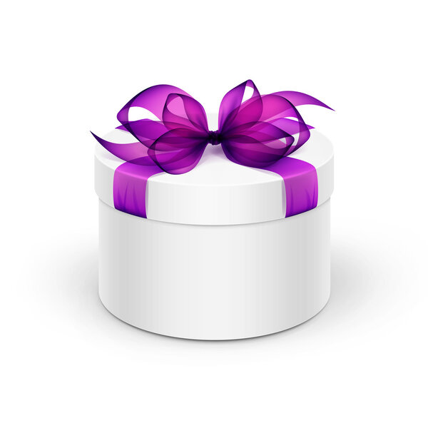 White Round Gift Box with Violet Purple Ribbon and Bow Isolated on Background