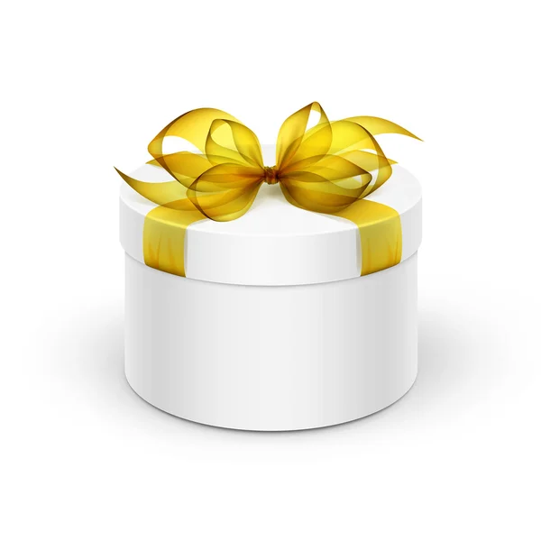 Λευκή γύρος δώρο κουτί με κίτρινη κορδέλα και τόξο απομονωθεί σε φόντο — Διανυσματικό Αρχείο