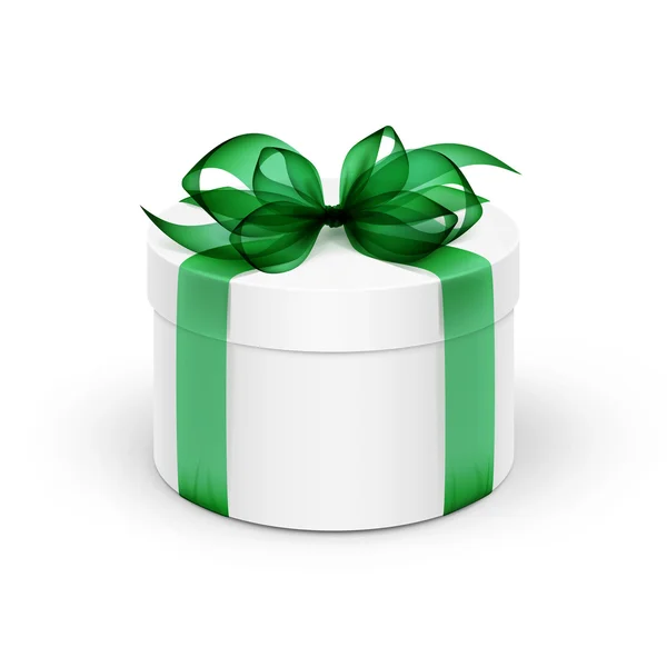 White Round Gift Box with Green Ribbon and Bow — Stock Vector