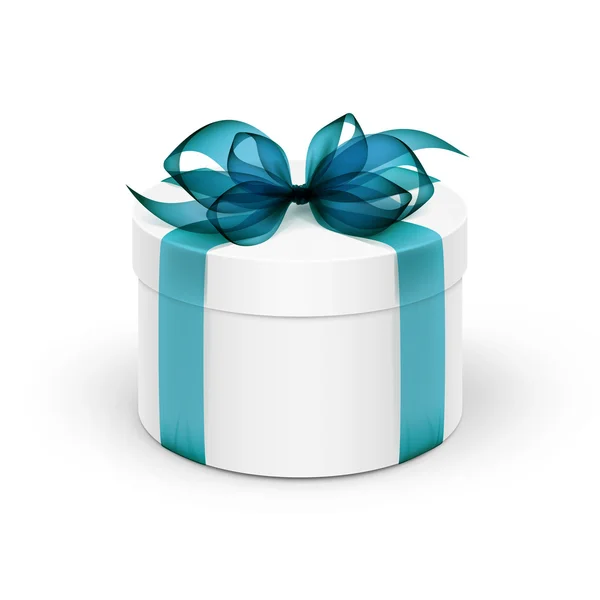 Scatola regalo rotonda bianca con nastro blu e fiocco — Vettoriale Stock