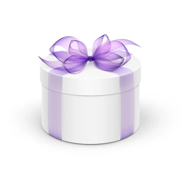 Boîte cadeau ronde blanche avec ruban violet et arc — Image vectorielle