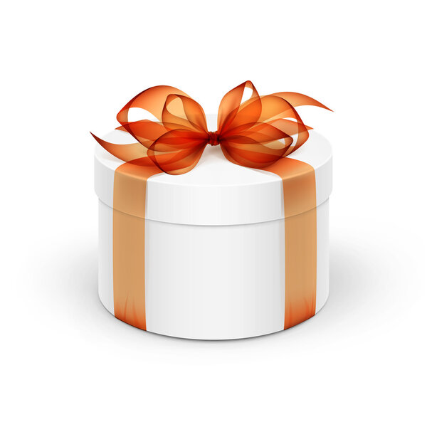 White Round Gift Box with Orange Ribbon and Bow