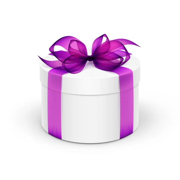 Białe okrągłe pudełko z Purple Ribbon i łuk — Wektor stockowy