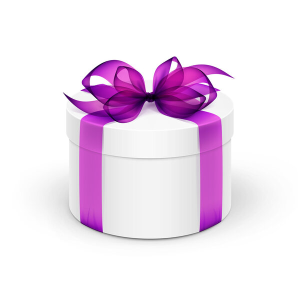 White Round Gift Box with Purple Ribbon and Bow