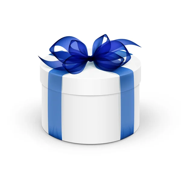 White Round Gift Box with Blue Ribbon and Bow — Stock Vector
