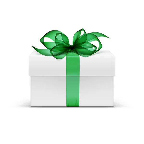 Confezione regalo quadrata bianca con nastro verde e fiocco — Vettoriale Stock