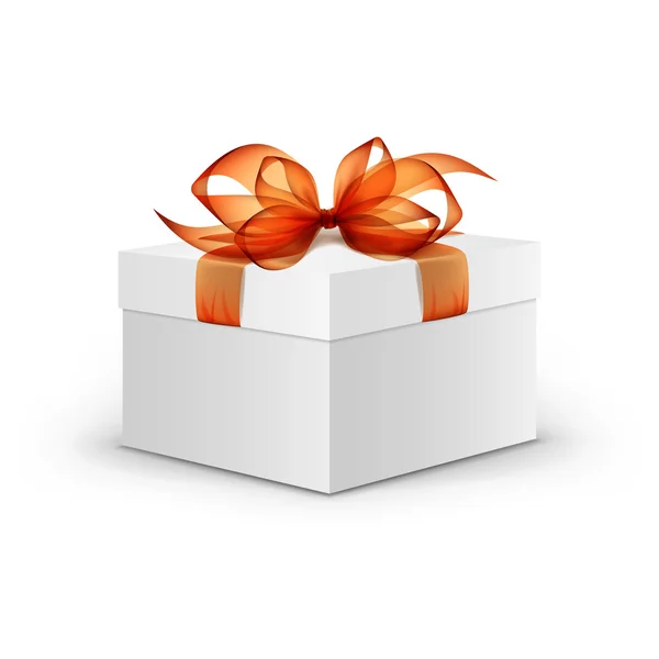 Boîte cadeau carrée blanche avec ruban orange et arc — Image vectorielle