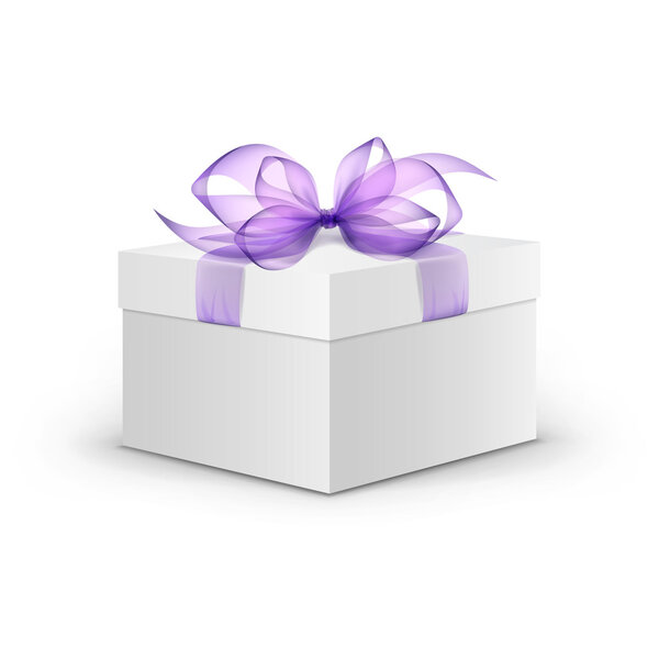 Vector White Square Gift Box with Purple Ribbon