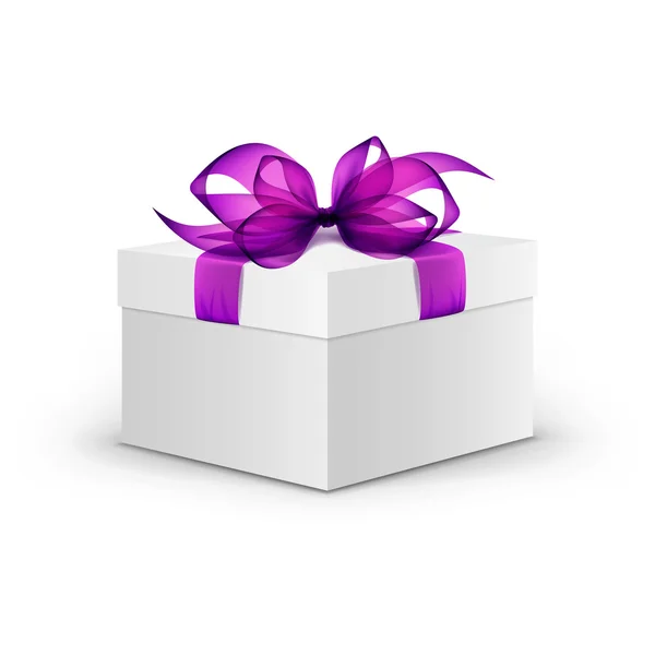 White Square Gift Box with Purple Ribbon and Bow — Stock Vector