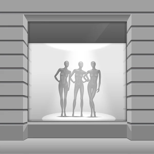 Bekleidungsgeschäft Boutique Store Front mit Schaufensterpuppen — Stockvektor