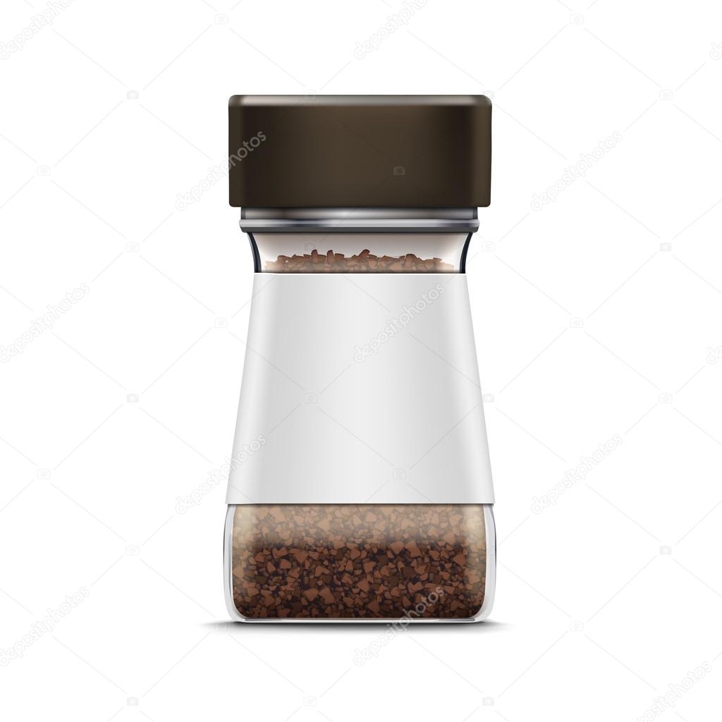 Instant coffee in a glass jar with blank label isolated on white