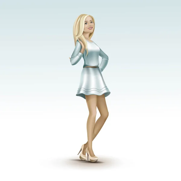 Femme blonde fille en robe sur talons avec des cheveux longs — Image vectorielle